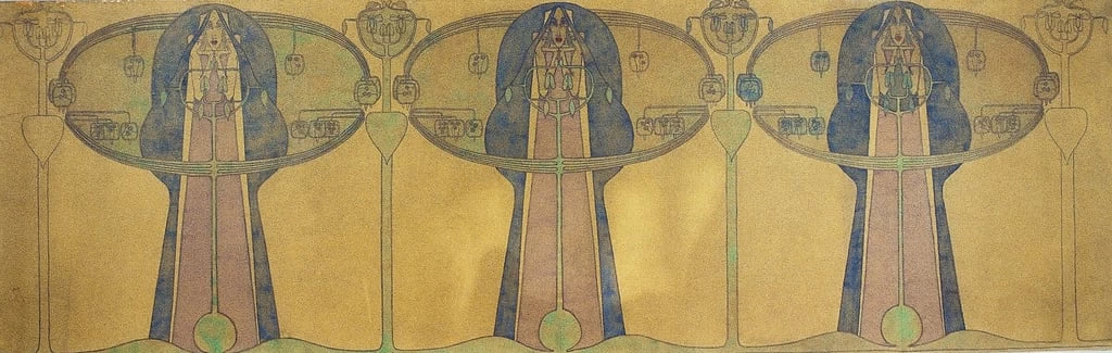 Fregio decorativo di figure umane stilizzate, forme di alberi e piante, c.1895